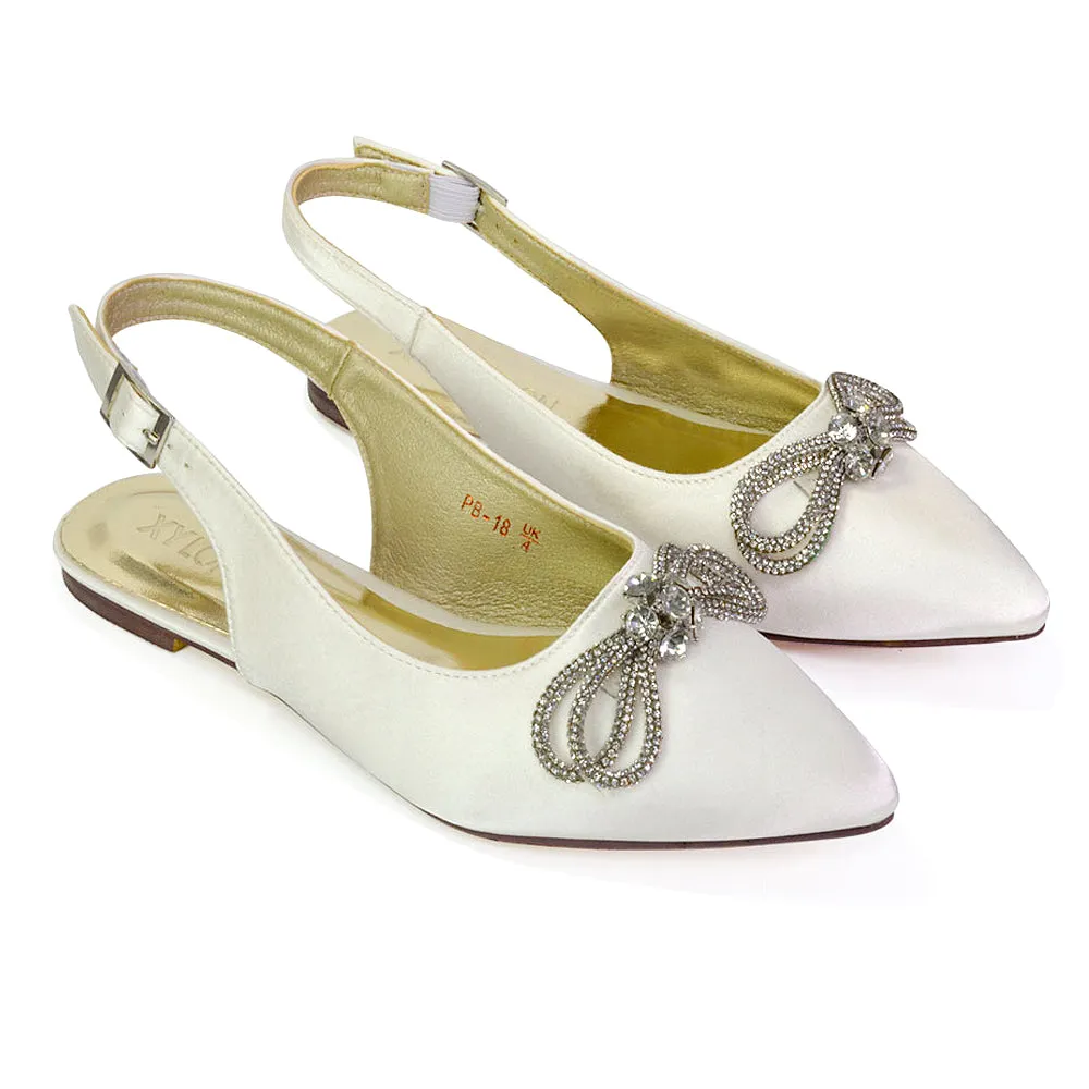Ossie Slingback Diamante Bow Pointed Toe Ballerina Pump Shoes in Ivory sold by XYlondon