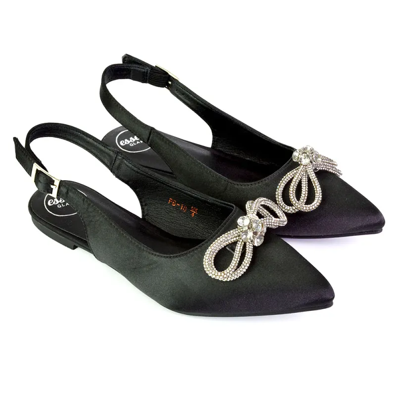 Ossie Slingback Diamante Bow Pointed Toe Ballerina Pump Shoes in Black sold by XYlondon