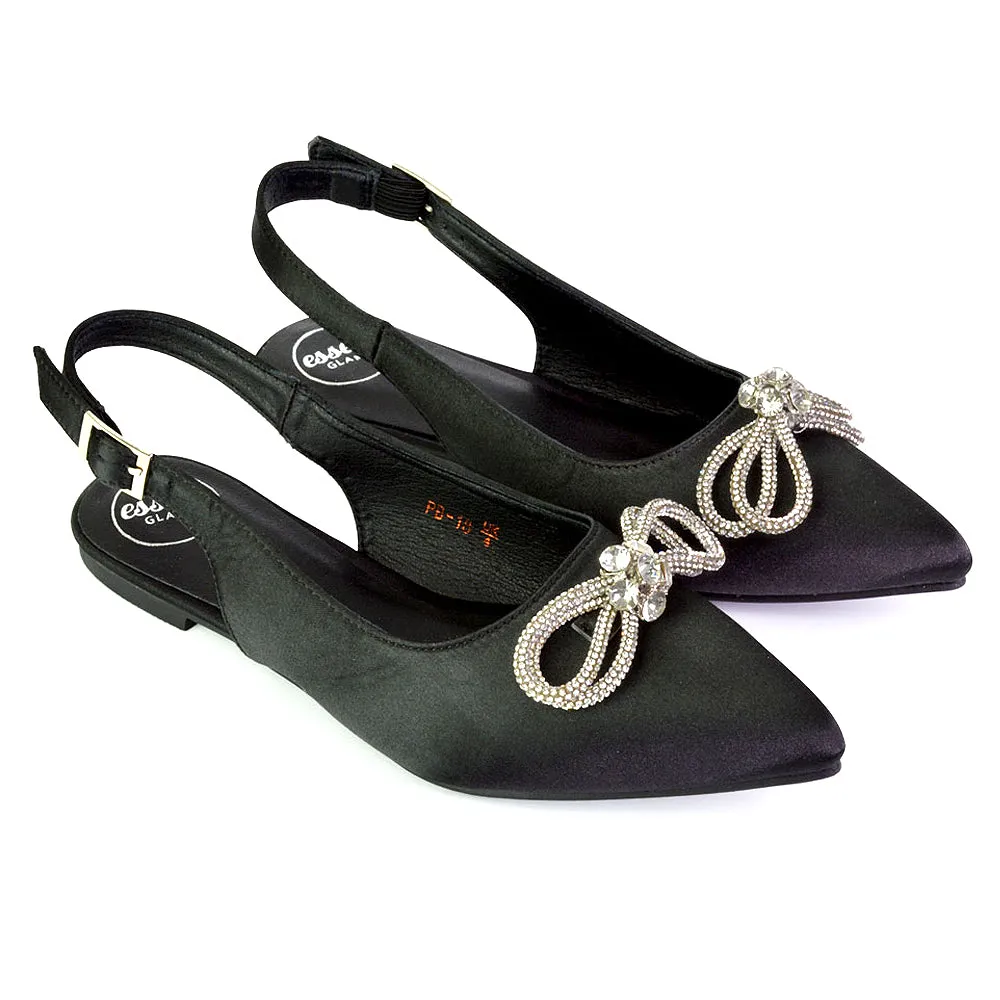 Ossie Slingback Diamante Bow Pointed Toe Ballerina Pump Shoes in Black sold by XYlondon