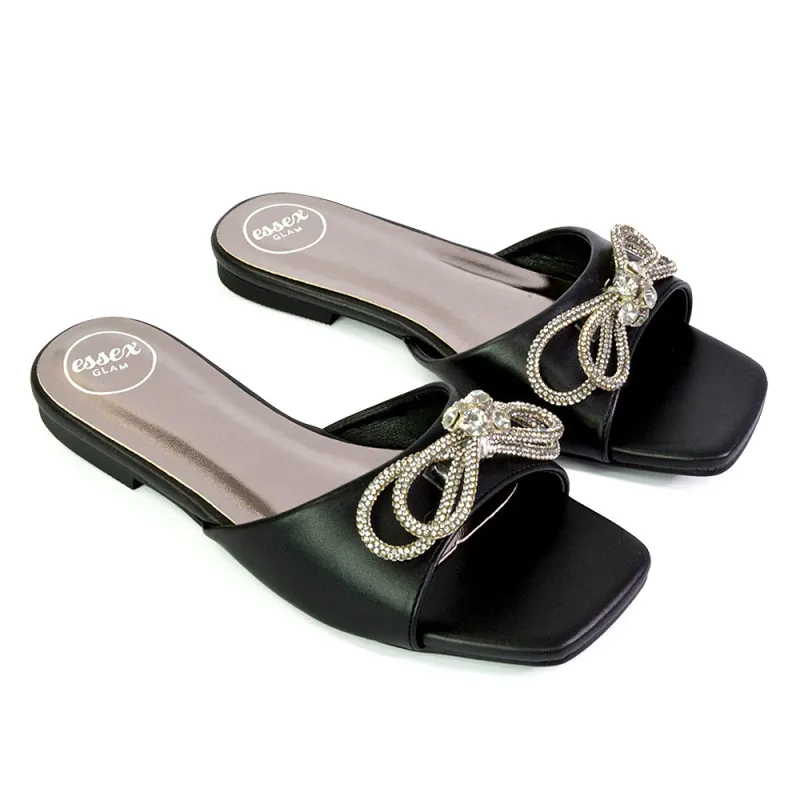 Farah Diamante Bow Square Toe Slip on Flat Summer Sandal Sliders in Black sold by XYlondon