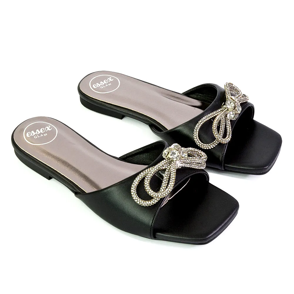 Farah Diamante Bow Square Toe Slip on Flat Summer Sandal Sliders in Black sold by XYlondon