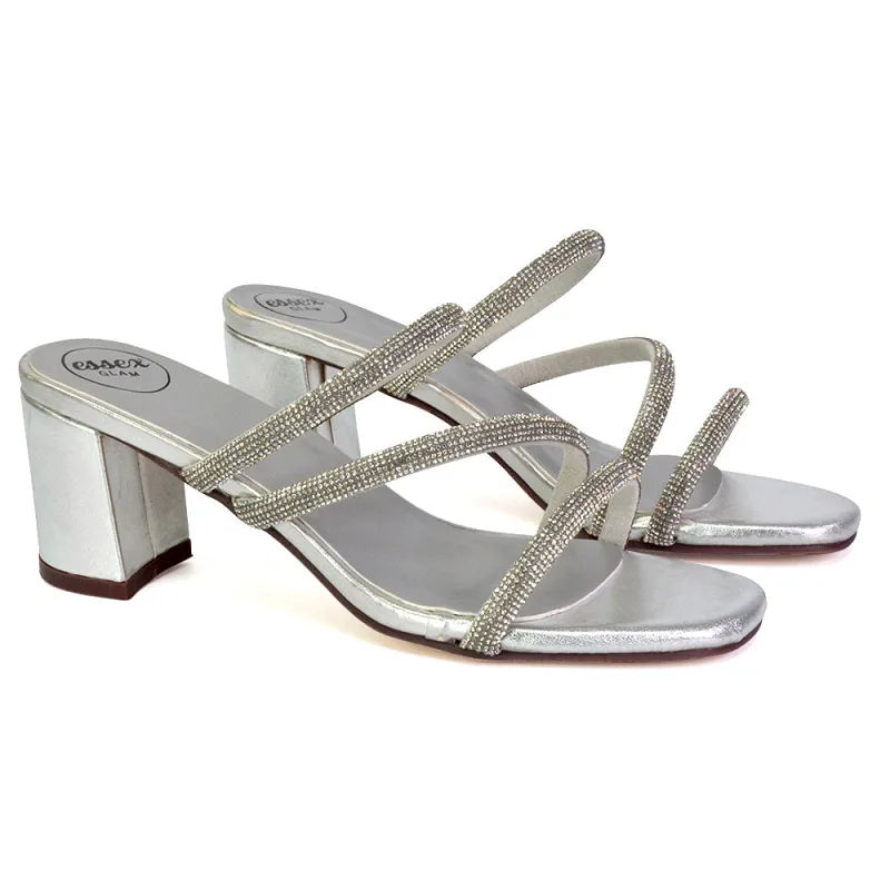 Mckenna Diamante Strappy Square Toe Block High Heel Mules in Silver sold by XYlondon