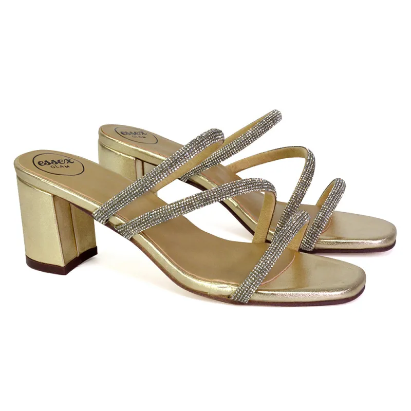 Mckenna Diamante Strappy Square Toe Block High Heel Mules in Gold sold by XYlondon