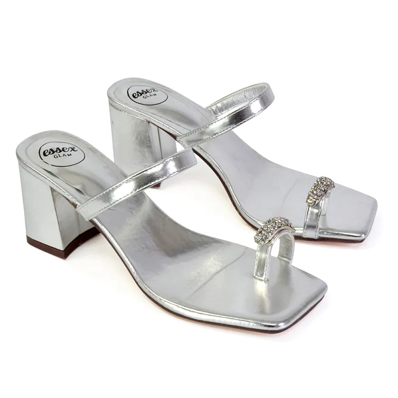 Daiquiri Double Strap Square Toe Ring Block Heel Sandals in Silver sold by XYlondon