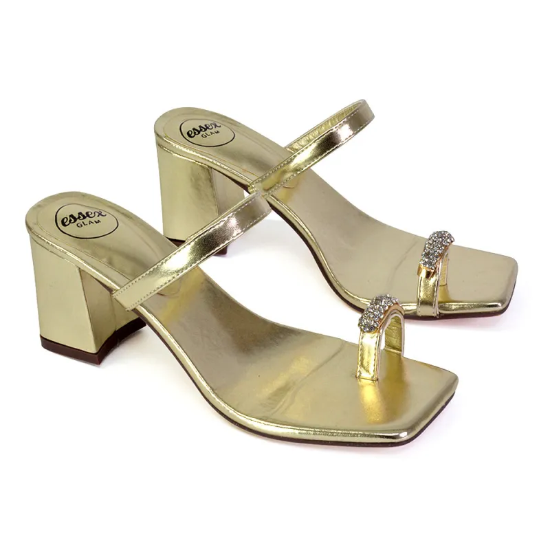 Daiquiri Double Strap Square Toe Ring Block Heel Sandals in Gold sold by XYlondon