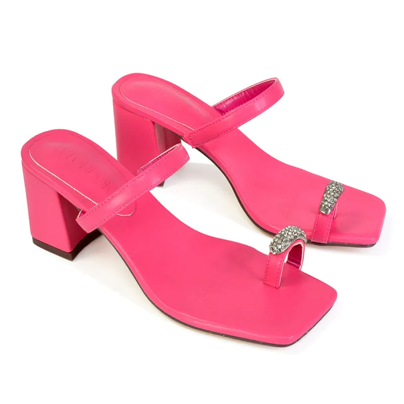 Daiquiri Double Strap Square Toe Ring Block Heel Sandals in Fuchsia sold by XYlondon