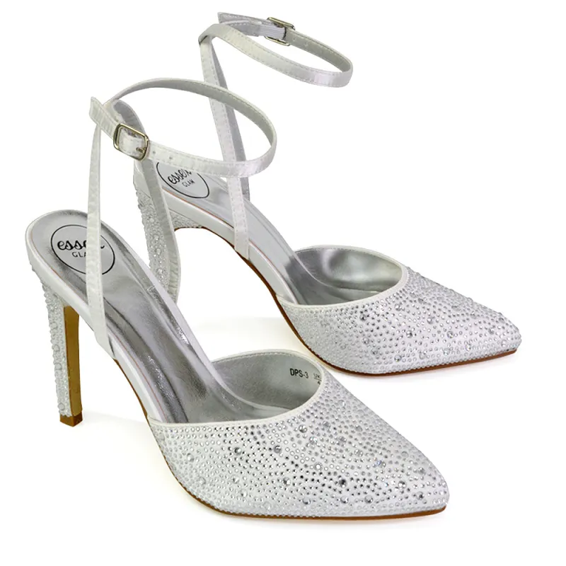Indyah Diamante Court Shoes Stiletto High Heels Strappy Sandals in White sold by XYlondon
