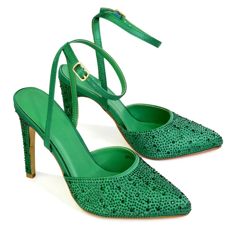 Indyah Diamante Court Shoes Stiletto High Heels Strappy Sandals in Green sold by XYlondon