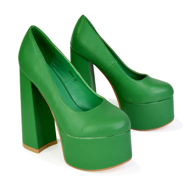 Kiwi Chunky Block Super High Heel Statement Closed Toe Platform Court Shoes in Green sold by XYlondon
