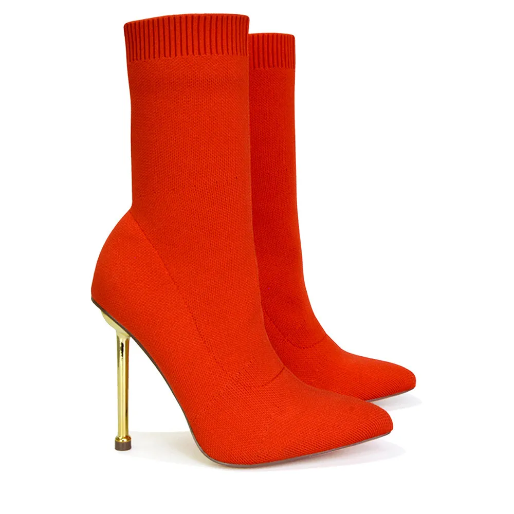 Raya Metallic Stiletto High Heel Knitted Ribbed Sock Ankle Boots Heels in Red sold by XYlondon