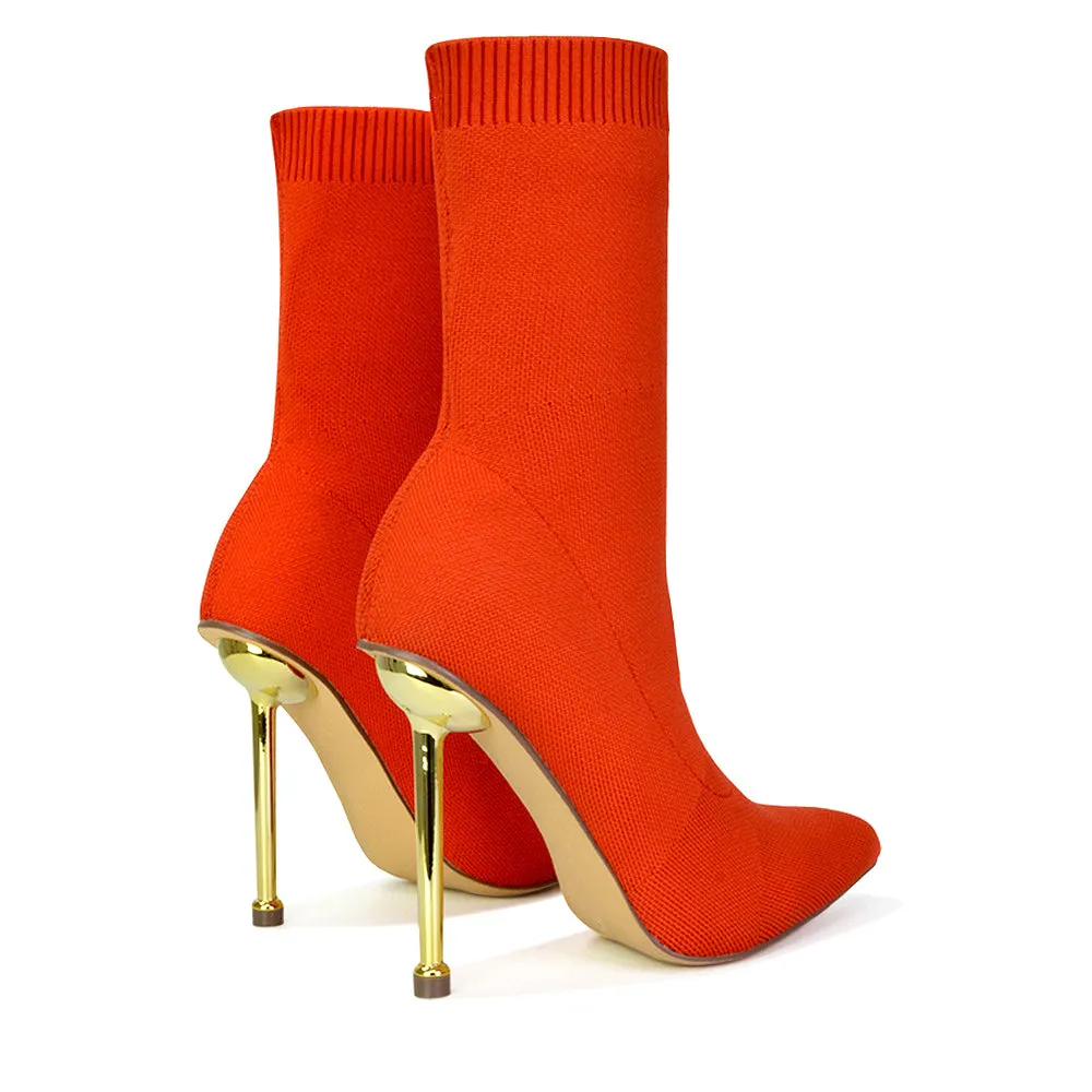 Raya Metallic Stiletto High Heel Knitted Ribbed Sock Ankle Boots Heels in Red sold by XYlondon product image thumbnail 5
