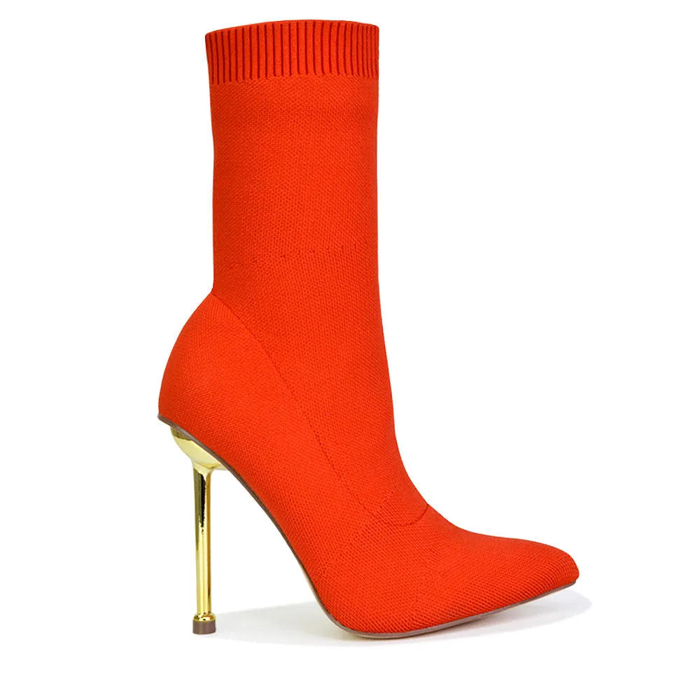 Raya Metallic Stiletto High Heel Knitted Ribbed Sock Ankle Boots Heels in Red sold by XYlondon product image thumbnail 3