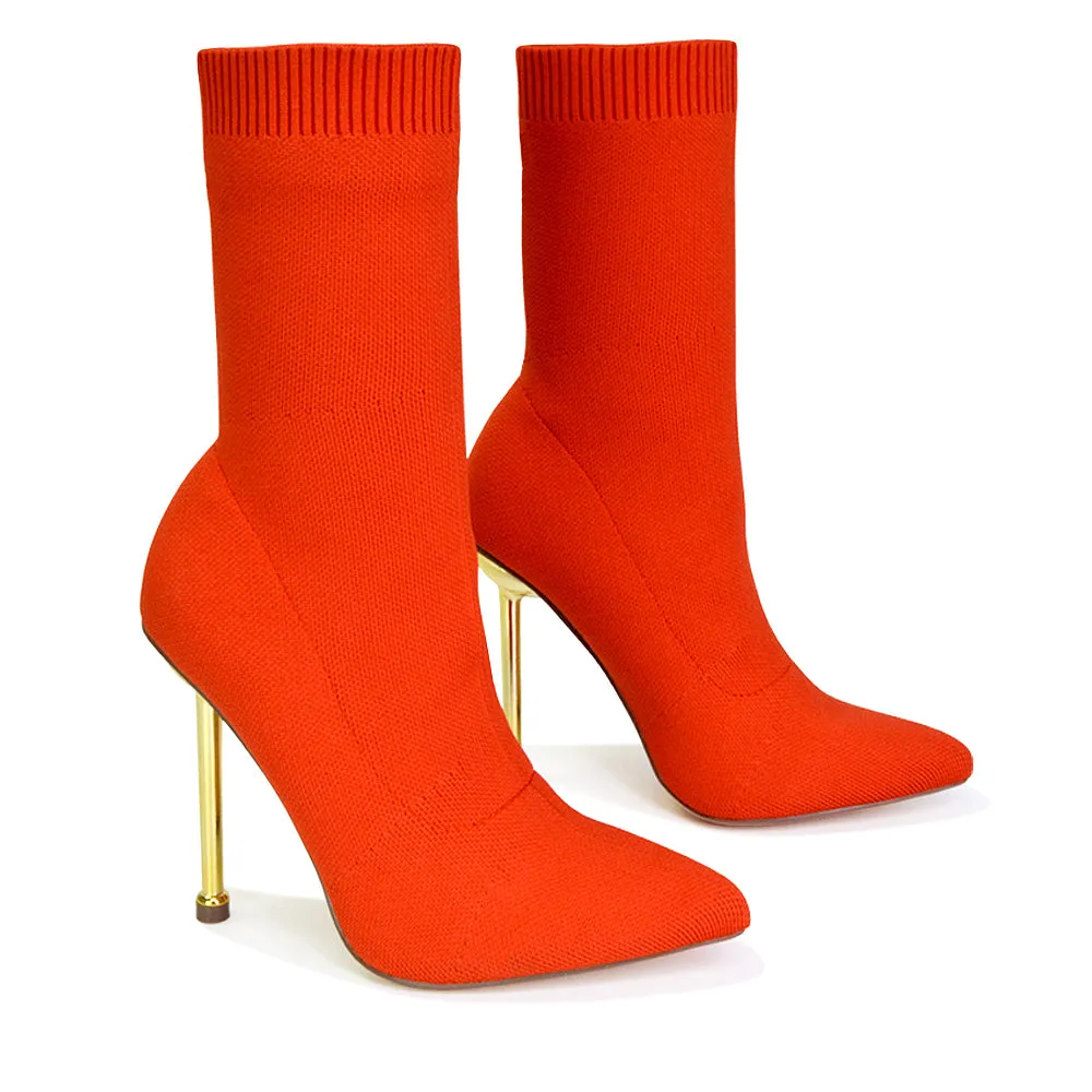 Raya Metallic Stiletto High Heel Knitted Ribbed Sock Ankle Boots Heels in Red sold by XYlondon product image thumbnail 4