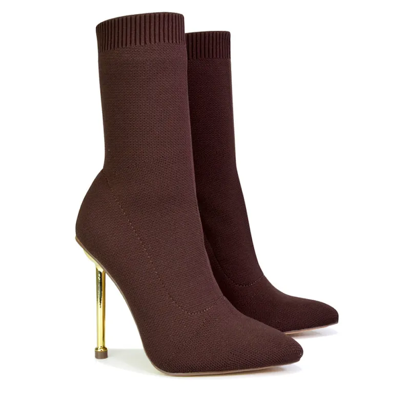 Raya Metallic Stiletto High Heel Knitted Ribbed Sock Ankle Boots Heels in Brown sold by XYlondon