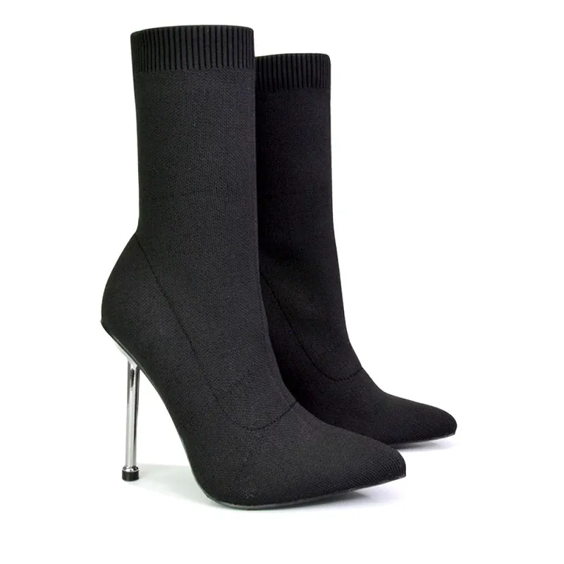 Raya Metallic Stiletto High Heel Knitted Ribbed Sock Ankle Boots Heels in Black sold by XYlondon