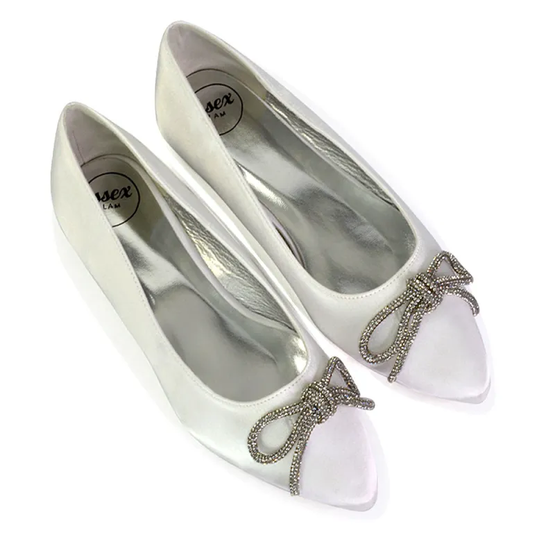 Blossom Diamante Bow Detail Pointed Toe Ballerina Pumps in White sold by XYlondon