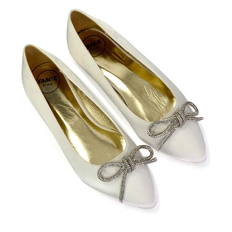 Blossom Diamante Bow Detail Pointed Toe Ballerina Pumps in Ivory sold by XYlondon