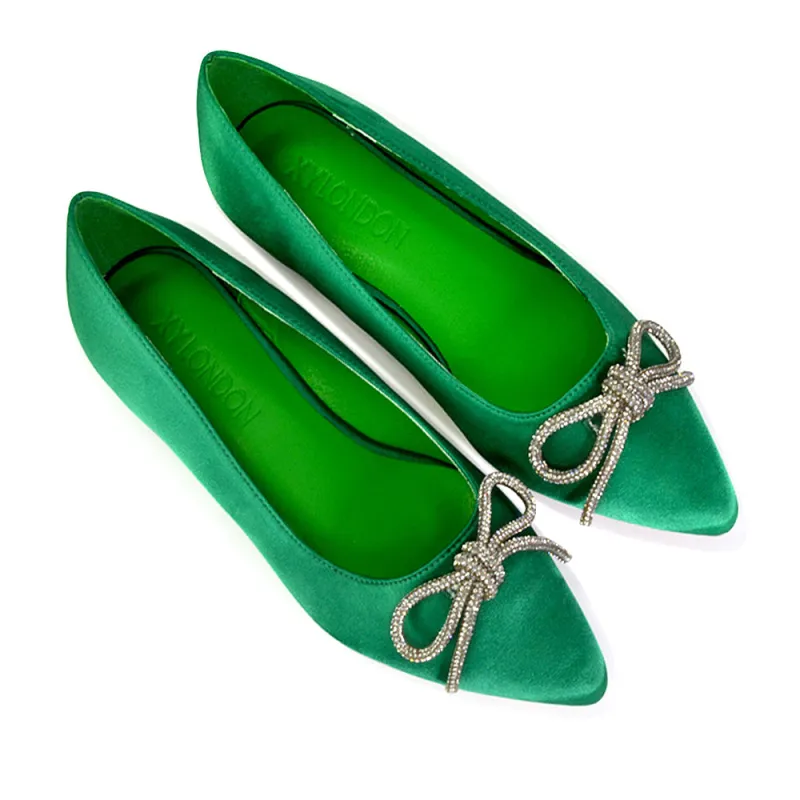 Blossom Diamante Bow Detail Pointed Toe Ballerina Pumps in Green sold by XYlondon