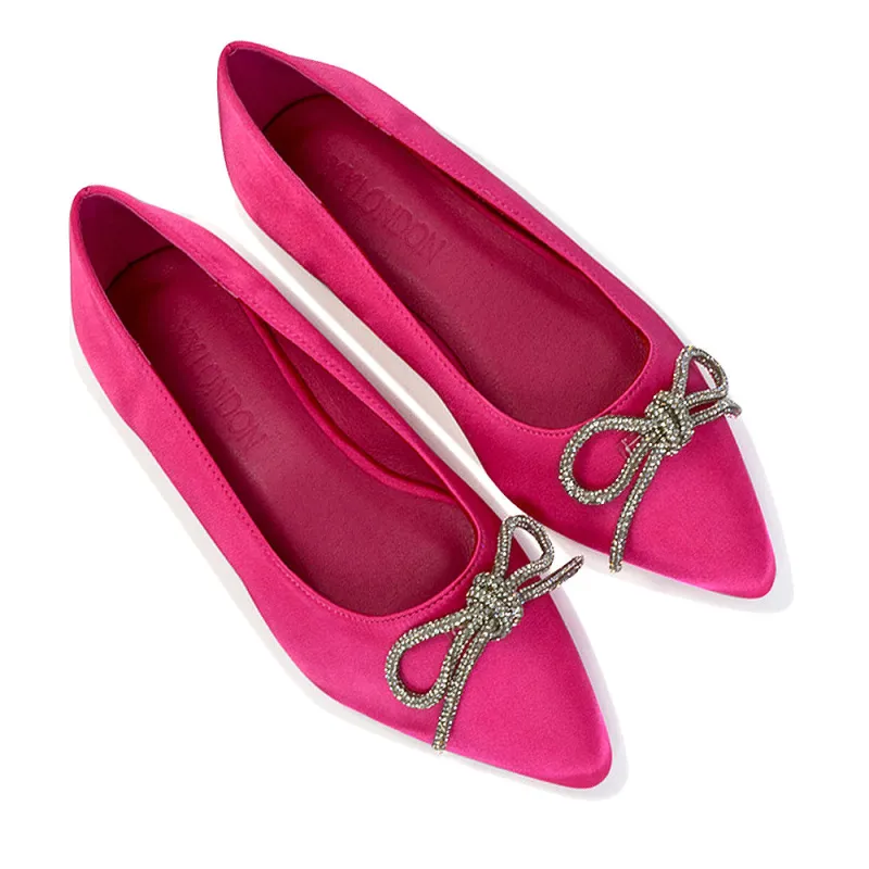 Blossom Diamante Bow Detail Pointed Toe Ballerina Pumps in Fuchsia sold by XYlondon