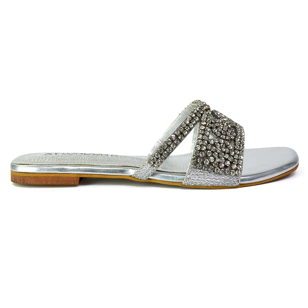 Kingsley Embellished Diamante Flat Sandal Slides Summer Square Toe Shoes in Silver sold by XYlondon product image thumbnail 3