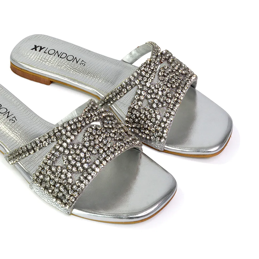 Kingsley Embellished Diamante Flat Sandal Slides Summer Square Toe Shoes in Silver sold by XYlondon product image thumbnail 2