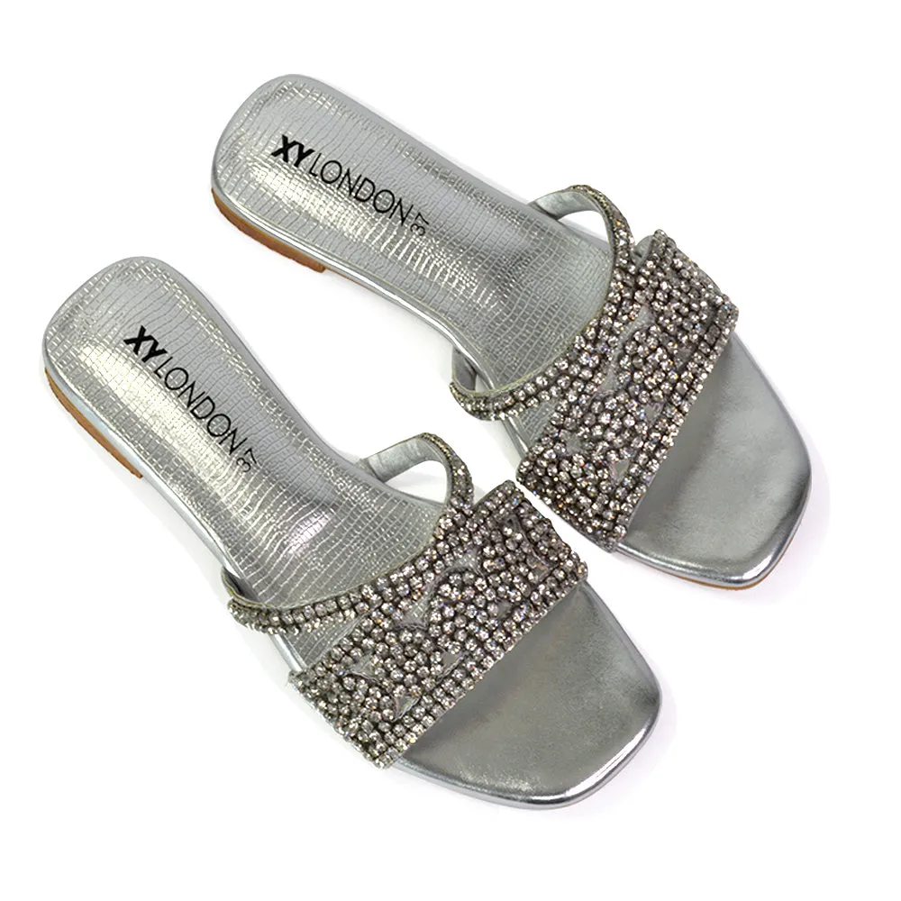 Kingsley Embellished Diamante Flat Sandal Slides Summer Square Toe Shoes in Silver sold by XYlondon product image thumbnail 4