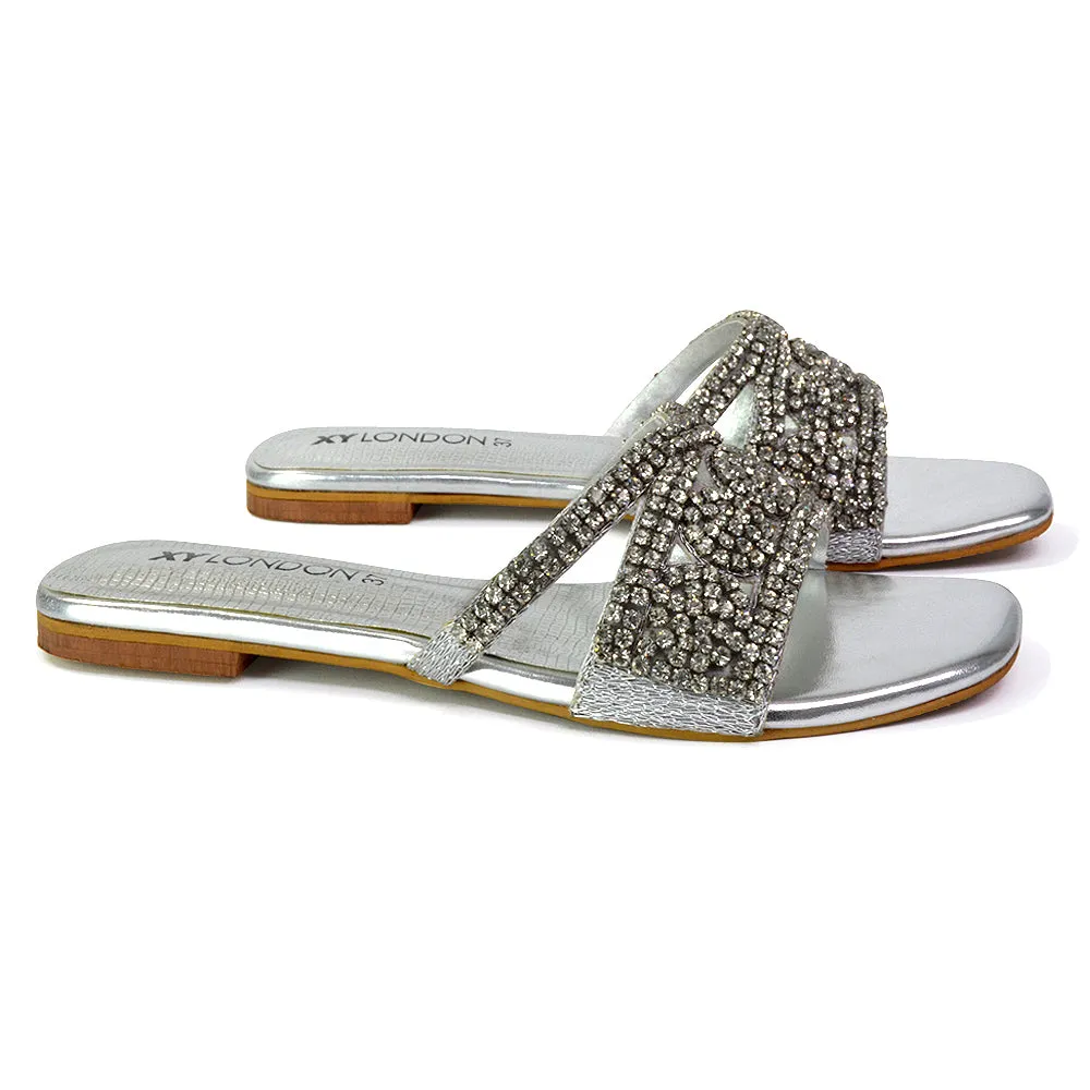 Kingsley Embellished Diamante Flat Sandal Slides Summer Square Toe Shoes in Silver sold by XYlondon product image thumbnail 5