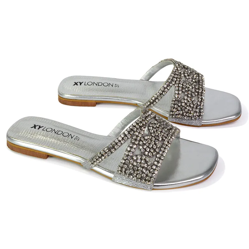 Kingsley Embellished Diamante Flat Sandal Slides Summer Square Toe Shoes in Silver sold by XYlondon