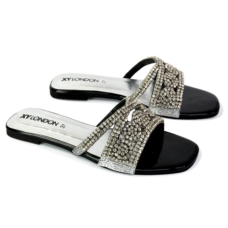 Kingsley Embellished Diamante Flat Sandal Slides Summer Square Toe Shoes in Black sold by XYlondon