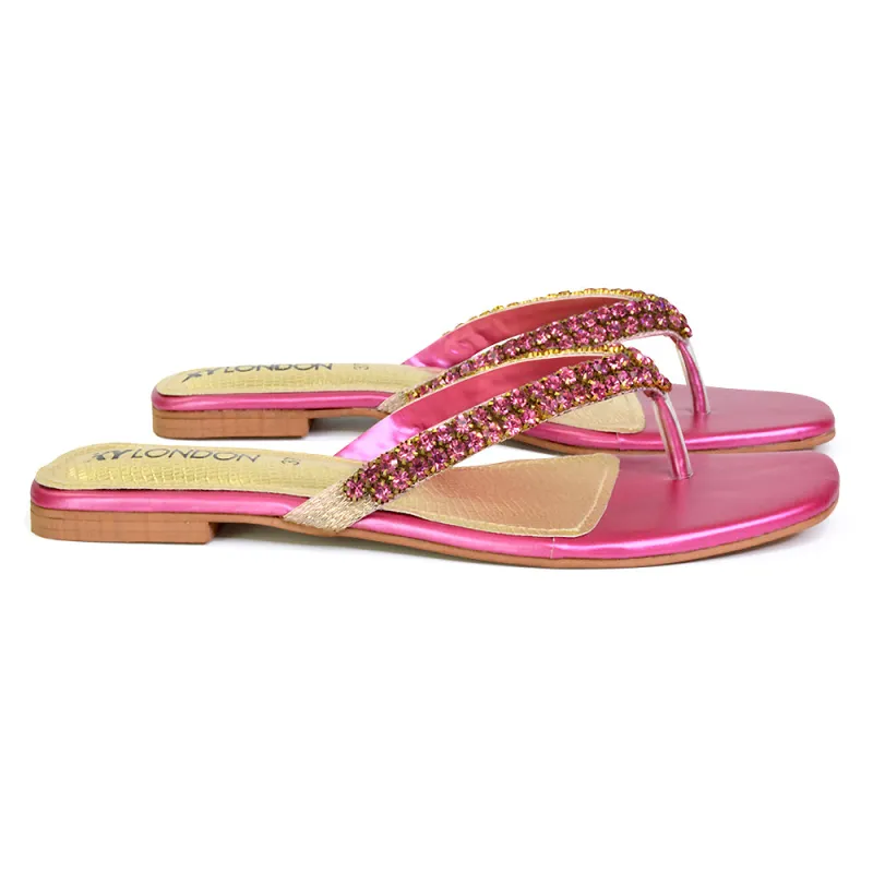 Jazlyn Flat Diamante Flip Flop Sandals Thong Summer Shoes in Pink sold by XYlondon