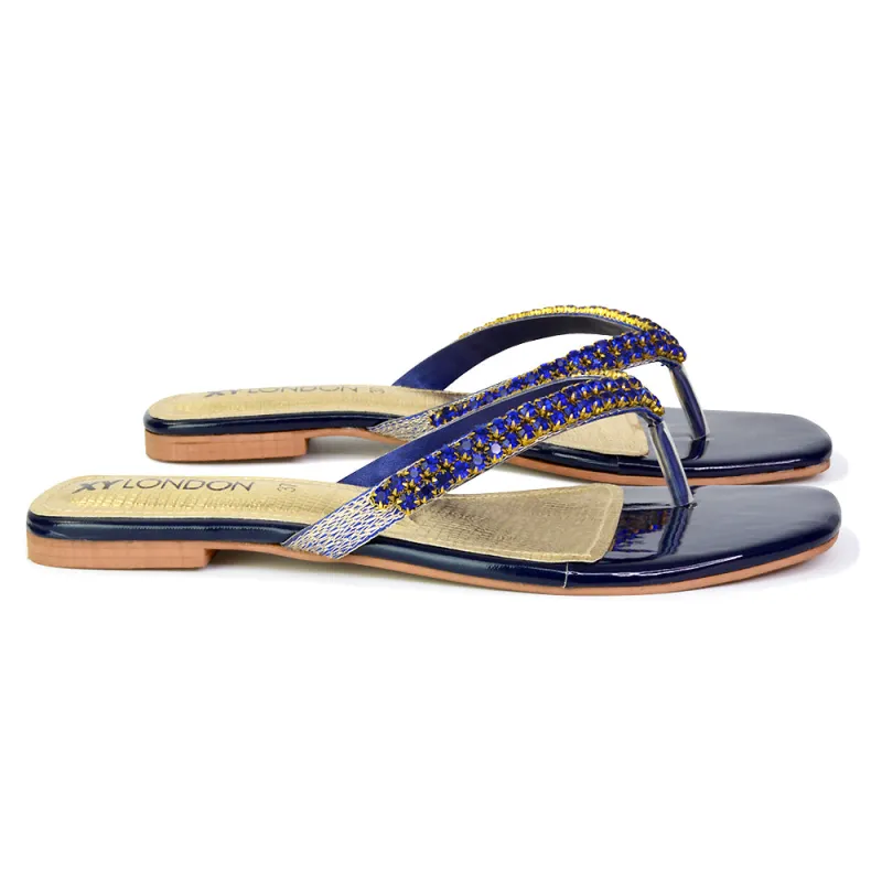 Jazlyn Flat Diamante Flip Flop Sandals Thong Summer Shoes in Navy sold by XYlondon