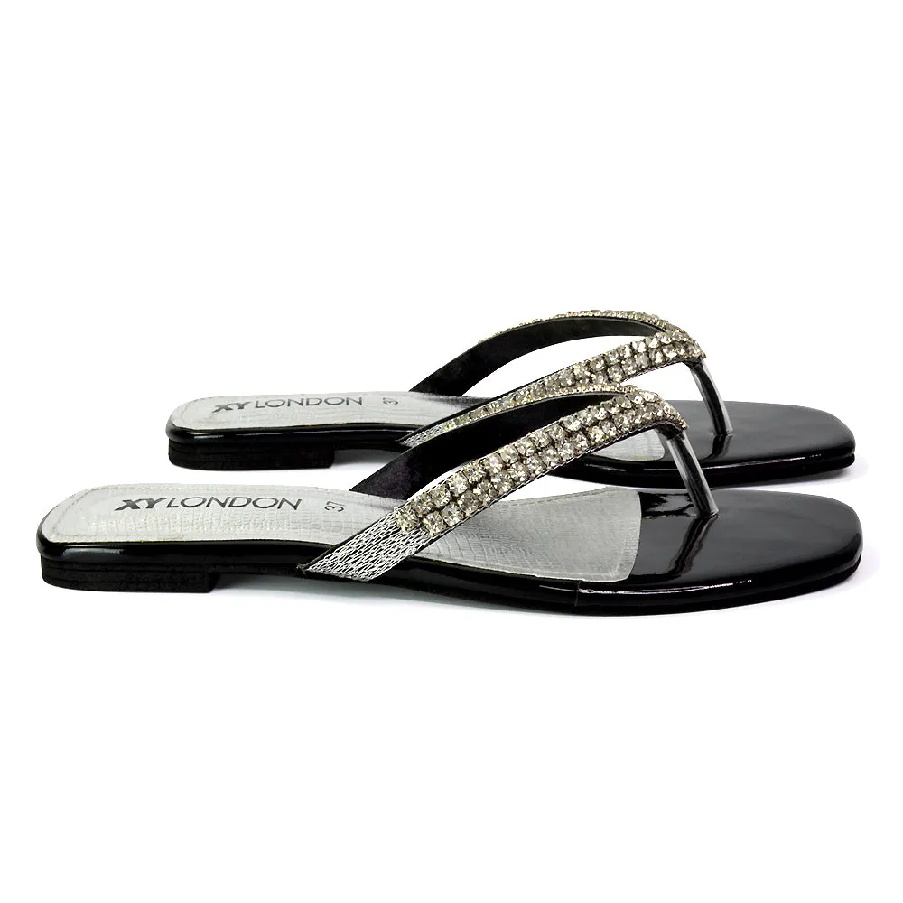 Jazlyn Flat Diamante Flip Flop Sandals Thong Summer Shoes in Black sold by XYlondon