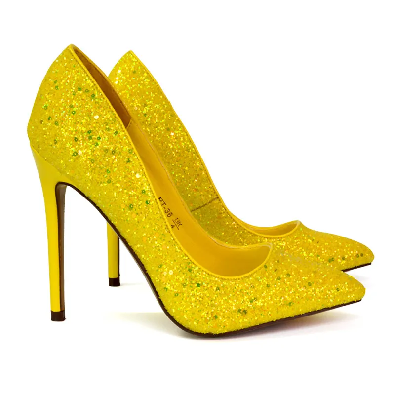 Emerald Pointed Toe Court Shoes Glitter Stiletto High Heels in Yellow sold by XYlondon