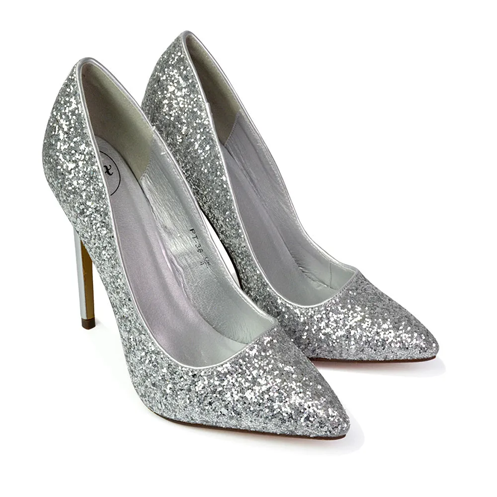 Emerald Pointed Toe Court Shoes Glitter Stiletto High Heels in Silver sold by XYlondon product image thumbnail 4