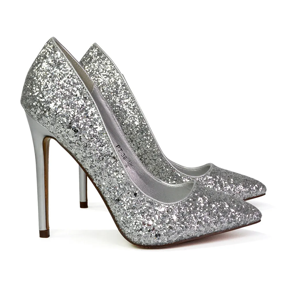 Emerald Pointed Toe Court Shoes Glitter Stiletto High Heels in Silver sold by XYlondon