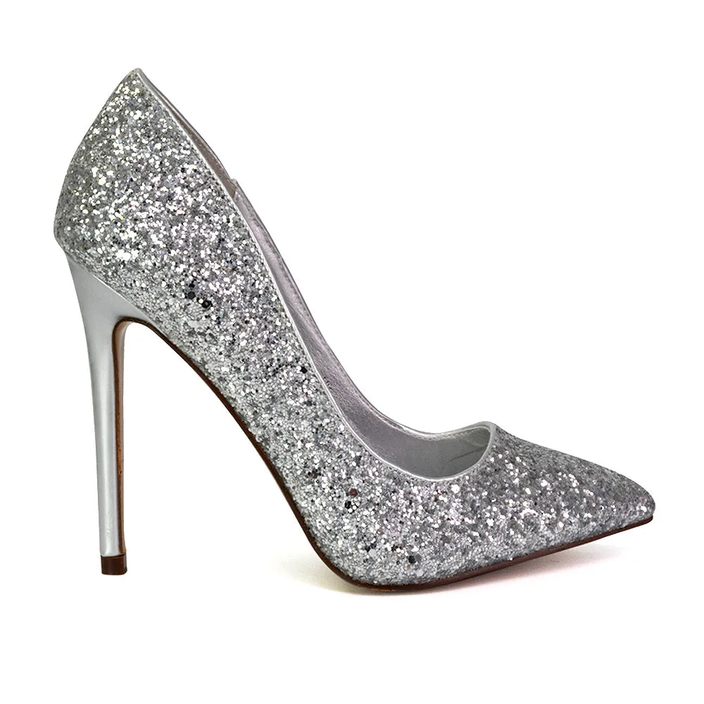 Emerald Pointed Toe Court Shoes Glitter Stiletto High Heels in Silver sold by XYlondon product image thumbnail 3
