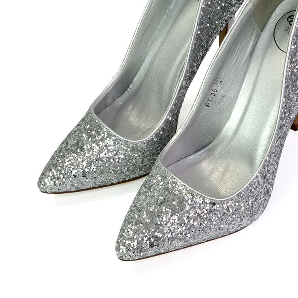 Emerald Pointed Toe Court Shoes Glitter Stiletto High Heels in Silver sold by XYlondon product image thumbnail 2