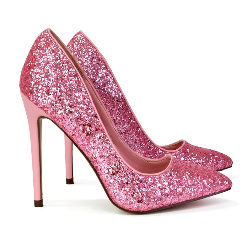 Emerald Pointed Toe Court Shoes Glitter Stiletto High Heels in Pink sold by XYlondon