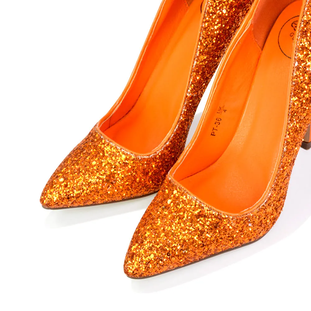 Emerald Pointed Toe Court Shoes Glitter Stiletto High Heels in Orange sold by XYlondon product image thumbnail 2