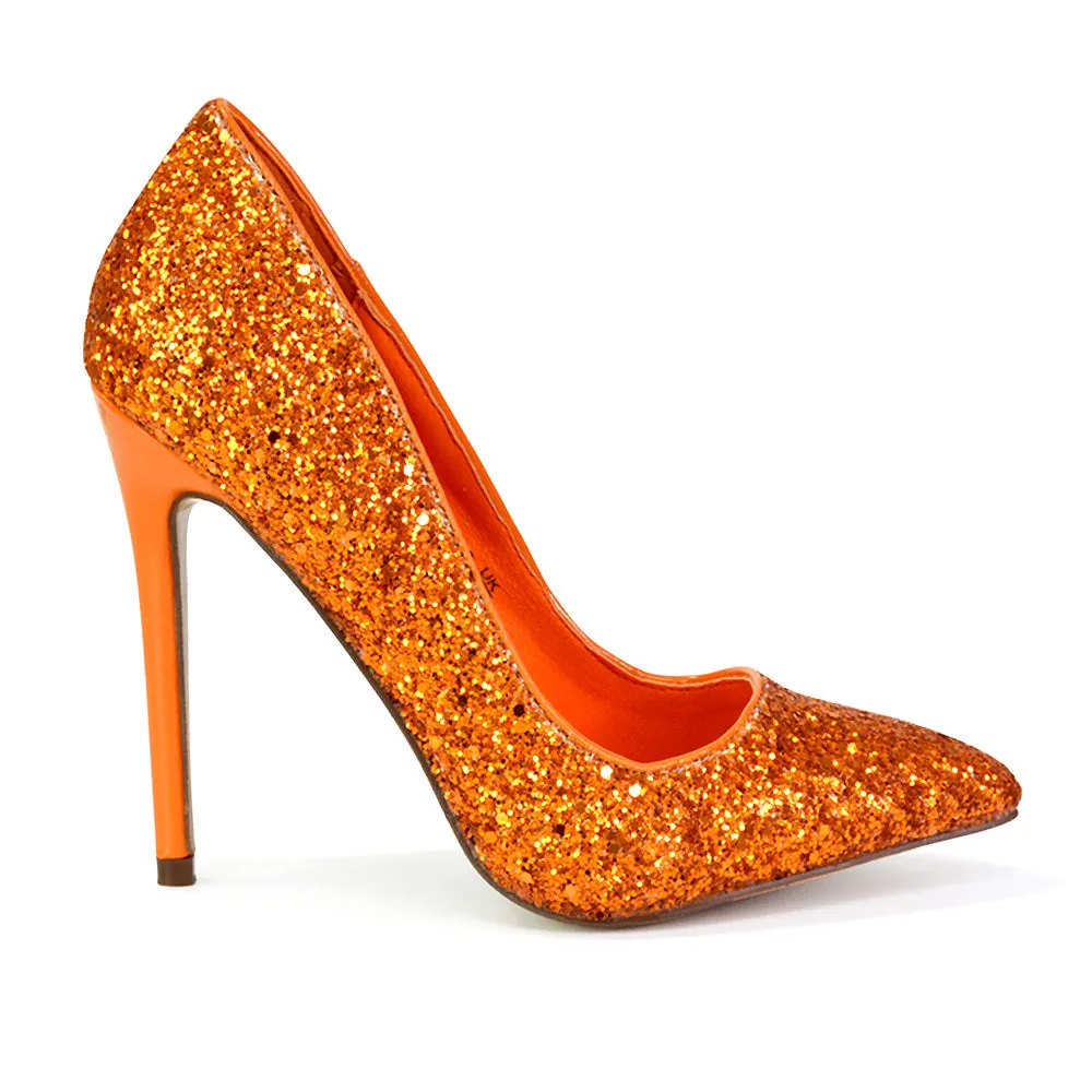 Emerald Pointed Toe Court Shoes Glitter Stiletto High Heels in Orange sold by XYlondon product image thumbnail 3