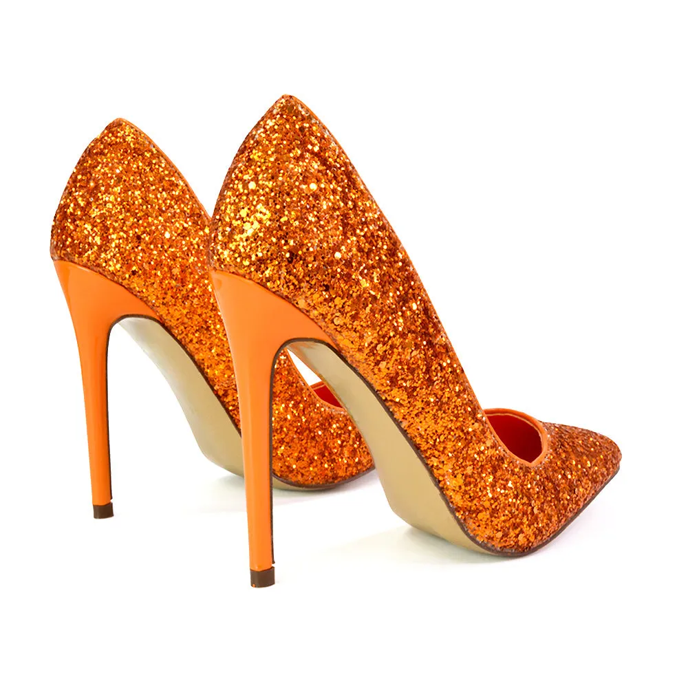 Emerald Pointed Toe Court Shoes Glitter Stiletto High Heels in Orange sold by XYlondon product image thumbnail 5