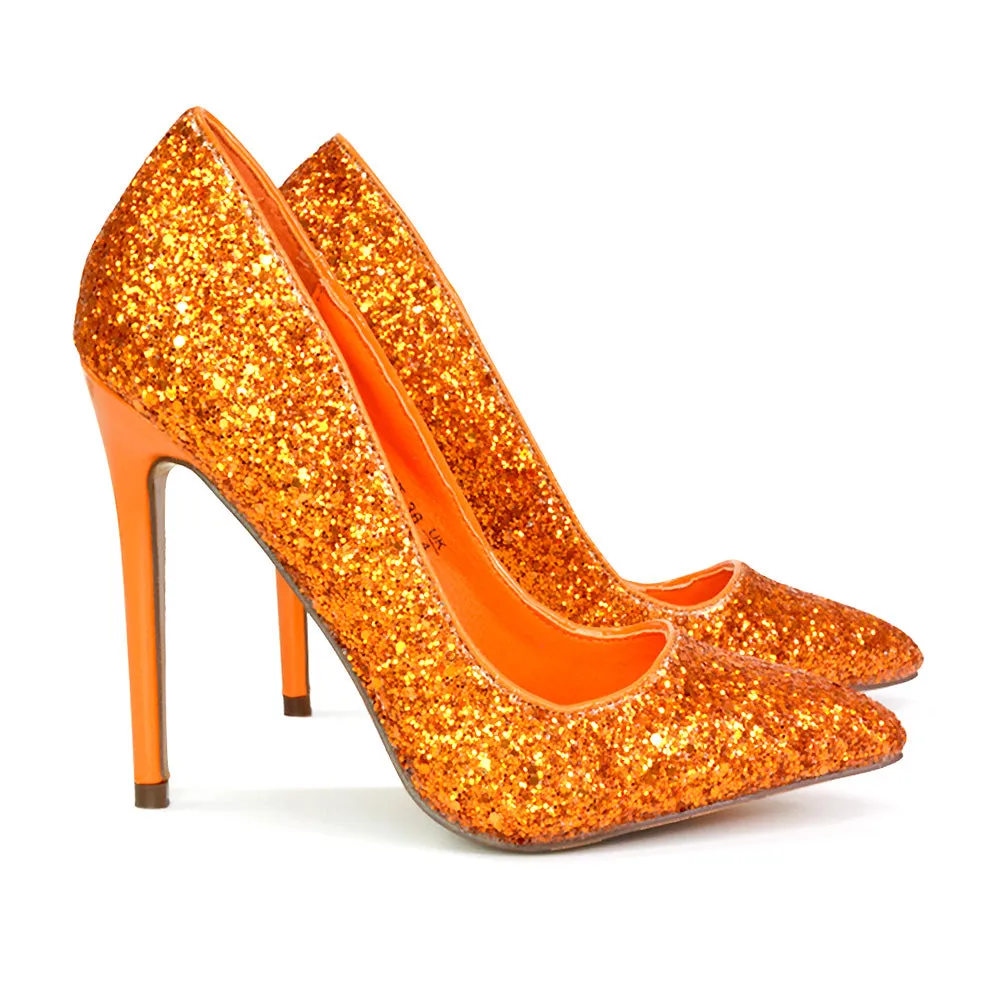 Emerald Pointed Toe Court Shoes Glitter Stiletto High Heels in Orange sold by XYlondon