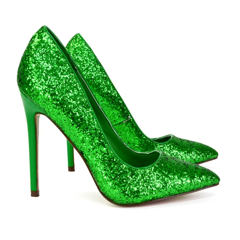 Emerald Pointed Toe Court Shoes Glitter Stiletto High Heels in Green sold by XYlondon