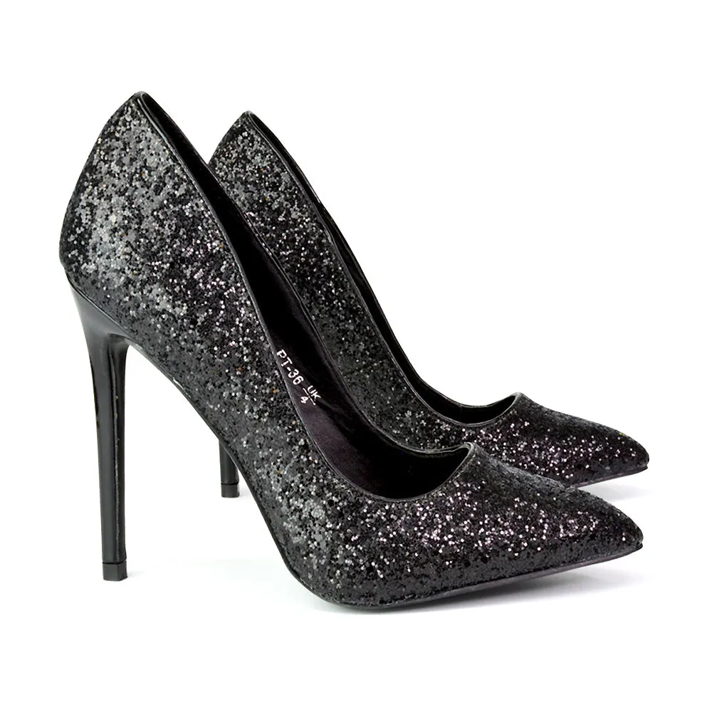 Emerald Pointed Toe Court Shoes Glitter Stiletto High Heels in Black sold by XYlondon