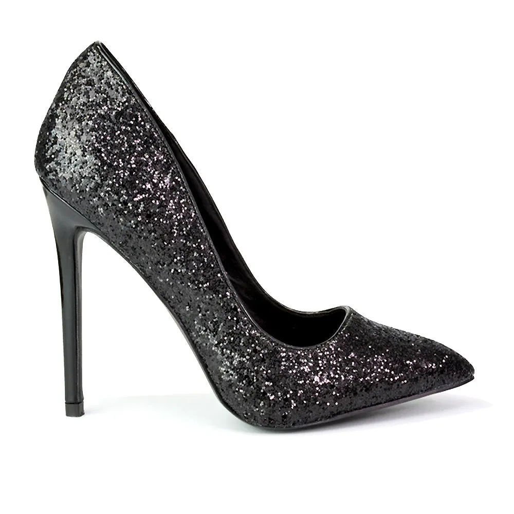 Emerald Pointed Toe Court Shoes Glitter Stiletto High Heels in Black sold by XYlondon product image thumbnail 3