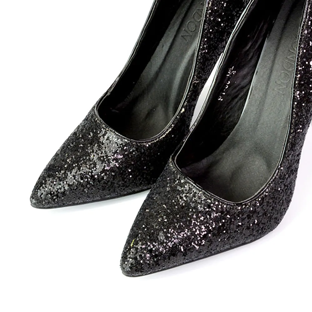 Emerald Pointed Toe Court Shoes Glitter Stiletto High Heels in Black sold by XYlondon product image thumbnail 2