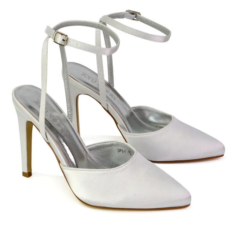 Liliane Pointed Toe Satin Court Heel Stiletto Bridal Shoes in White sold by XYlondon