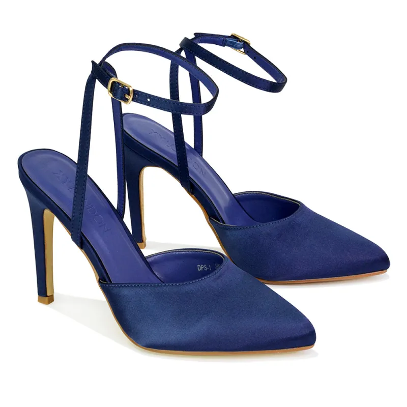 Liliane Pointed Toe Satin Court Heel Stiletto Bridal Shoes in Navy sold by XYlondon