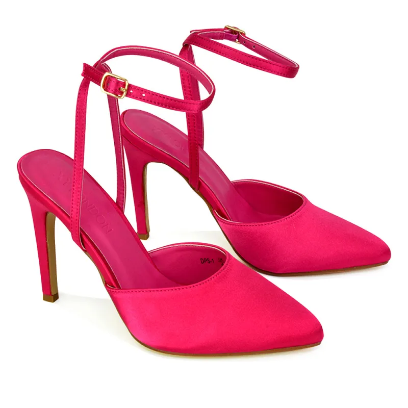 Liliane Pointed Toe Satin Court Heel Stiletto Bridal Shoes in Hot Pink sold by XYlondon