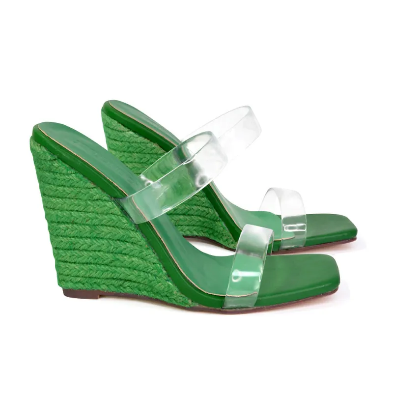 Shea Perspex Strappy Square Toe Espadrilles Wedge High Heel Sandals in Green sold by XYlondon